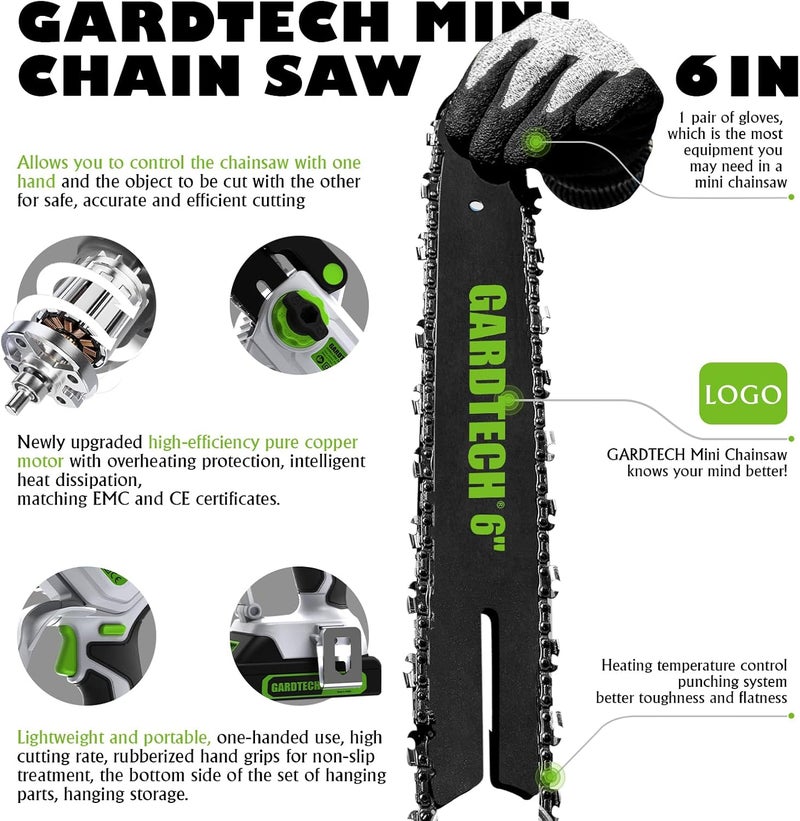 GARDTEC Mini Chainsaw Cordless 6 Inch - Portable Electric Chainsaw Cordless Battery Powered, Handheld Small Chain Saw with 2-side Security Lock [Southpaws Friendly] for Wood Cutting, Pruning Branches - Image 4